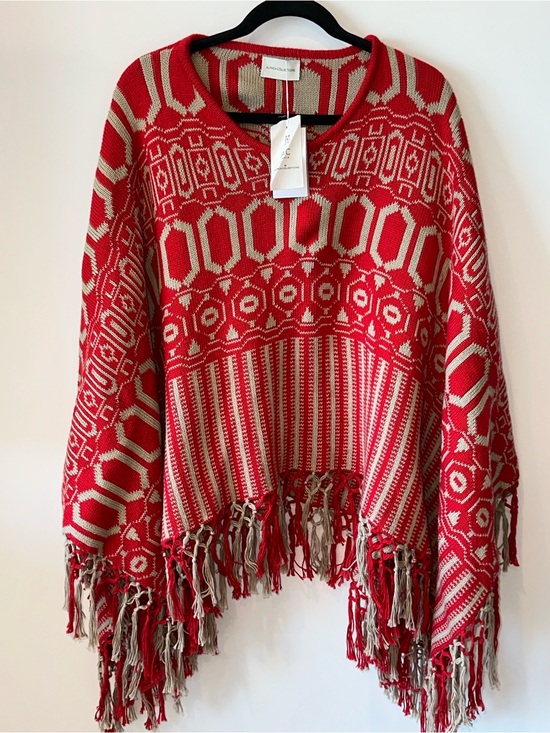 Sweaters - Aplaca collections - Red Patterned Fringe Sweater Poncho - Unknown Brand